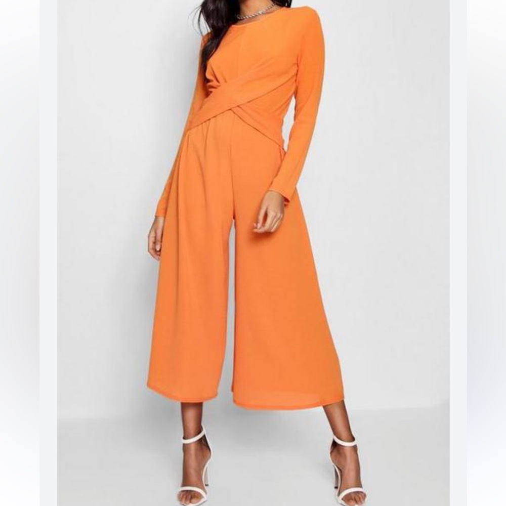 Orange long-sleeve Wrap Front Jumpsuit - Picture 3 of 11
